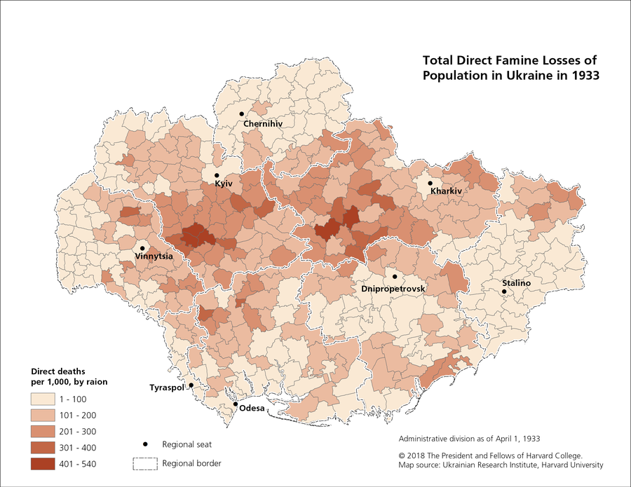 Total Direct Famine Losses of Population per 1,000 by Raion in Ukraine for 1933