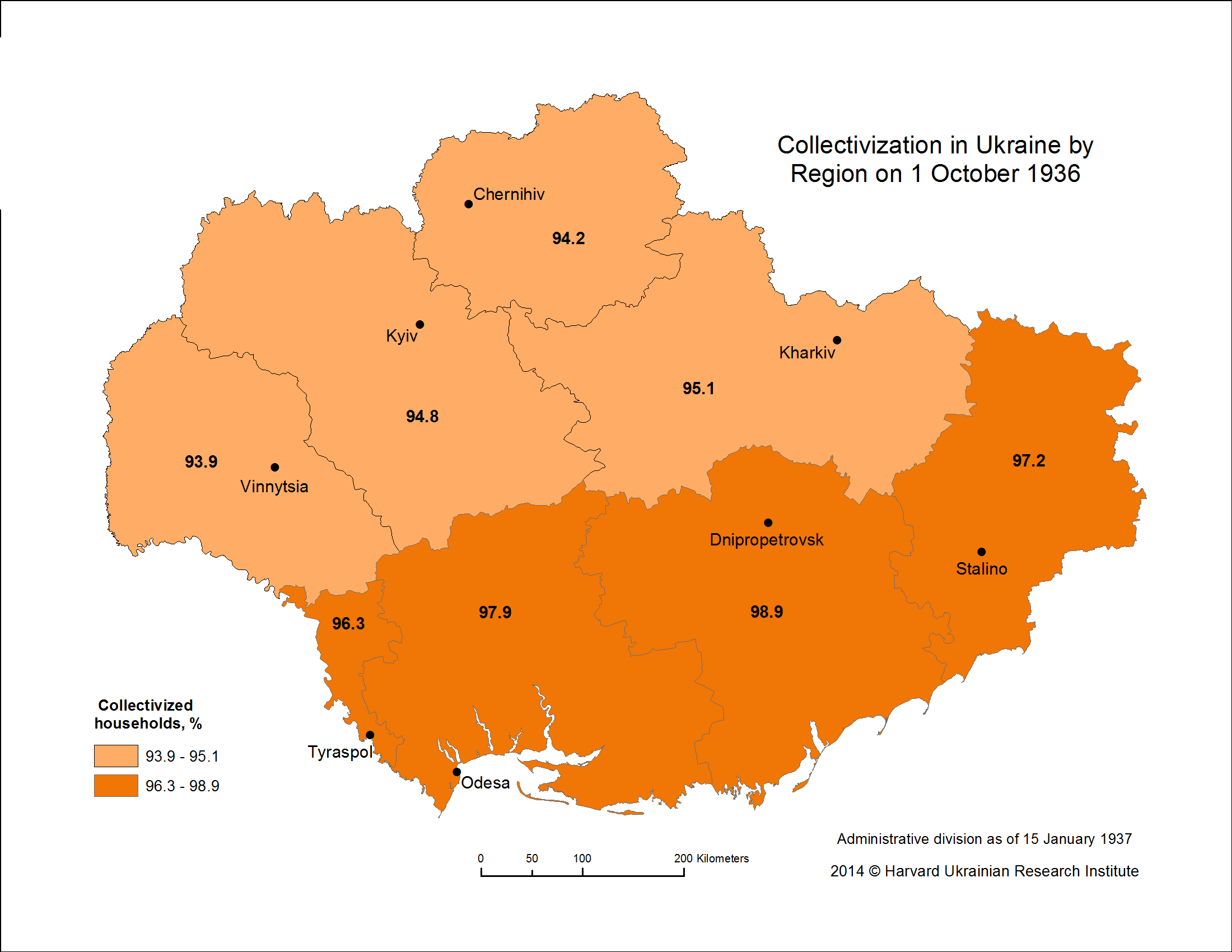 This map visualizes data on levels of collectivization, as of October 1, 1936.