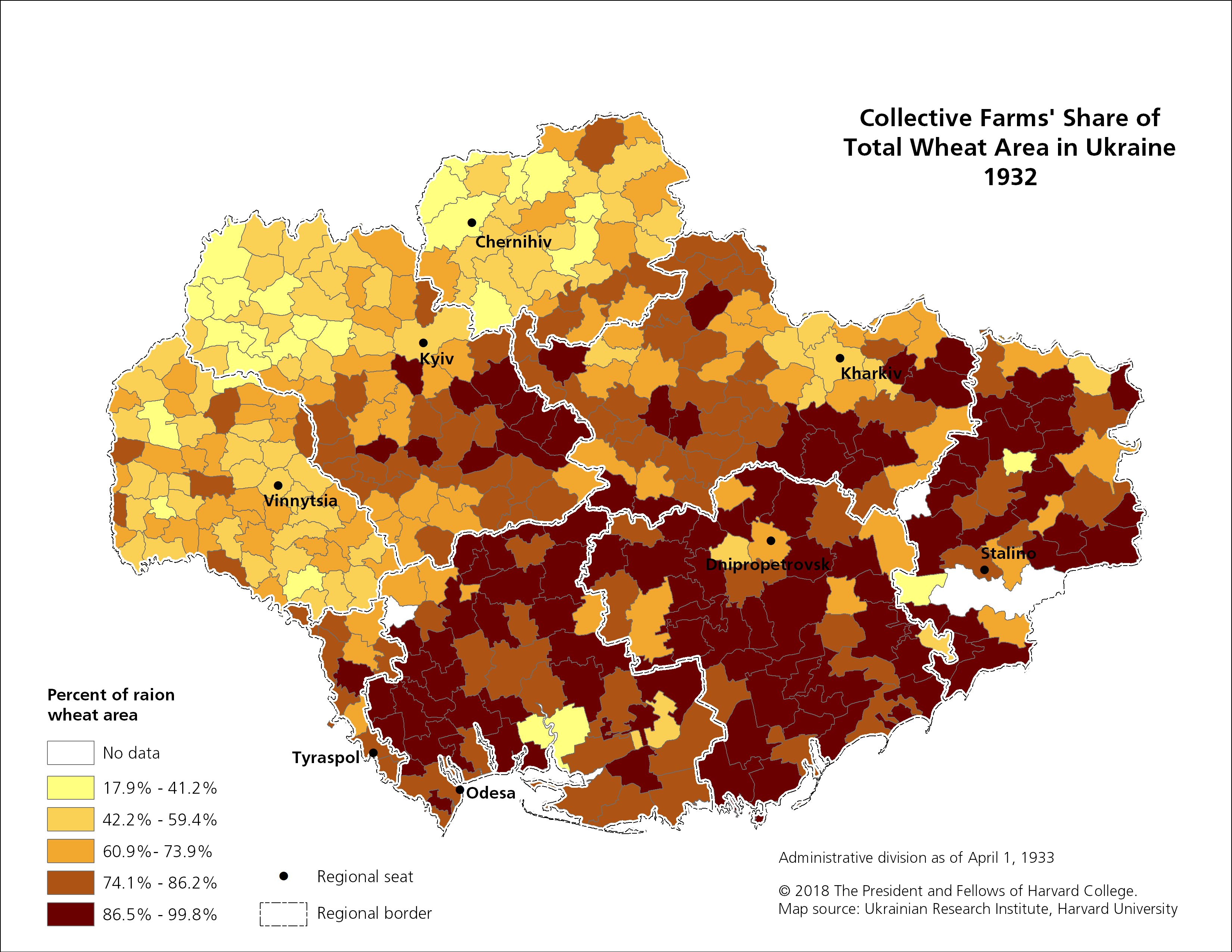 This map visualizes data on the collective farms' share of total wheat area in Ukraine in 1932
