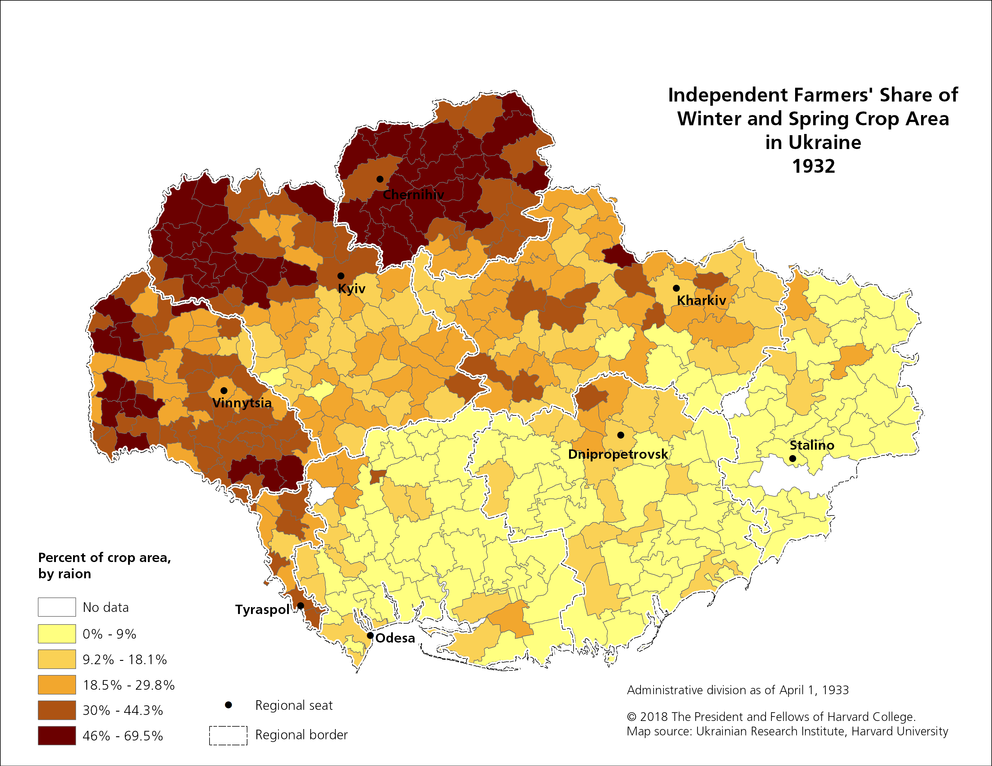 This map visualizes data on the independent farmers' share of winter and spring crop area in Ukraine in 1932.