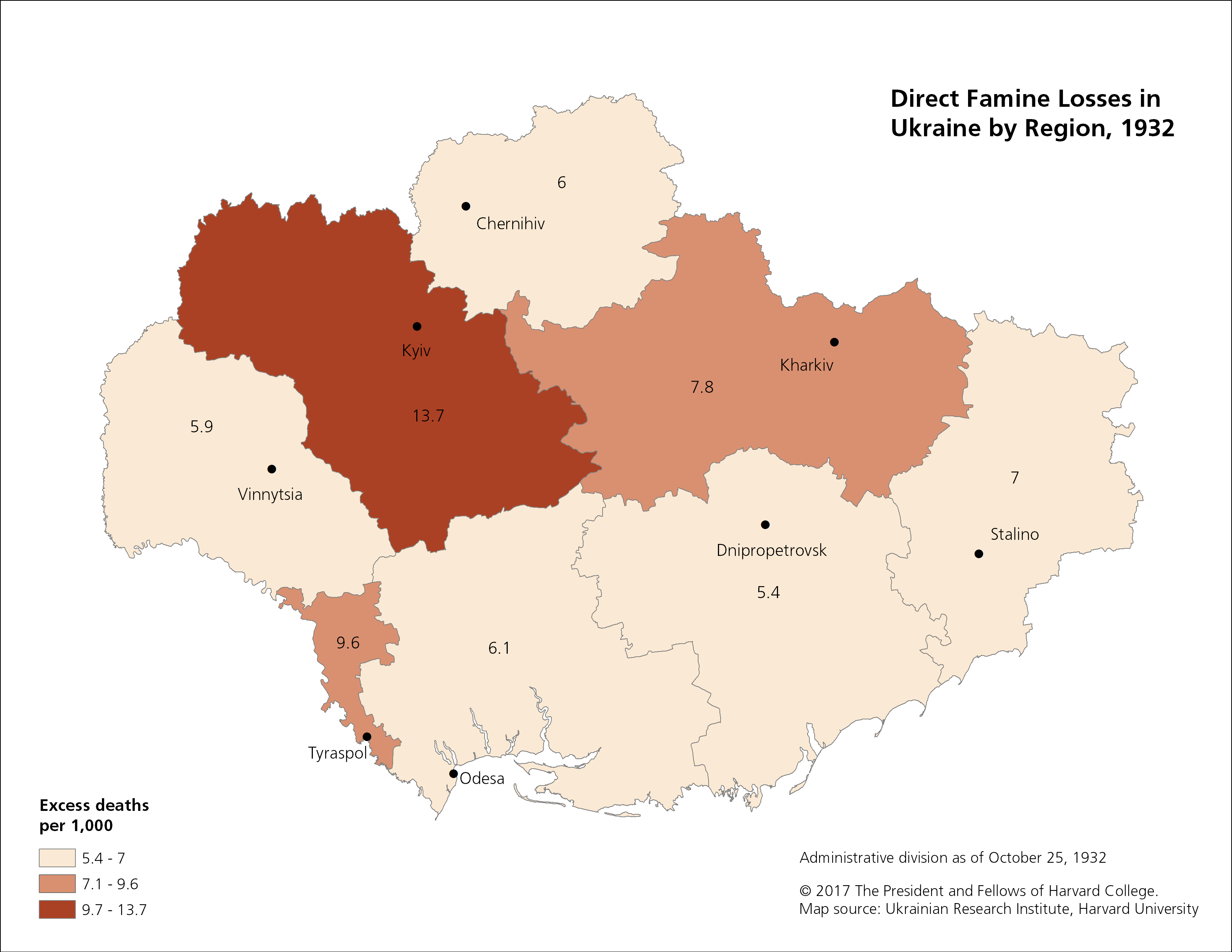 map of Famine Losses in Ukraine by Region, 1932