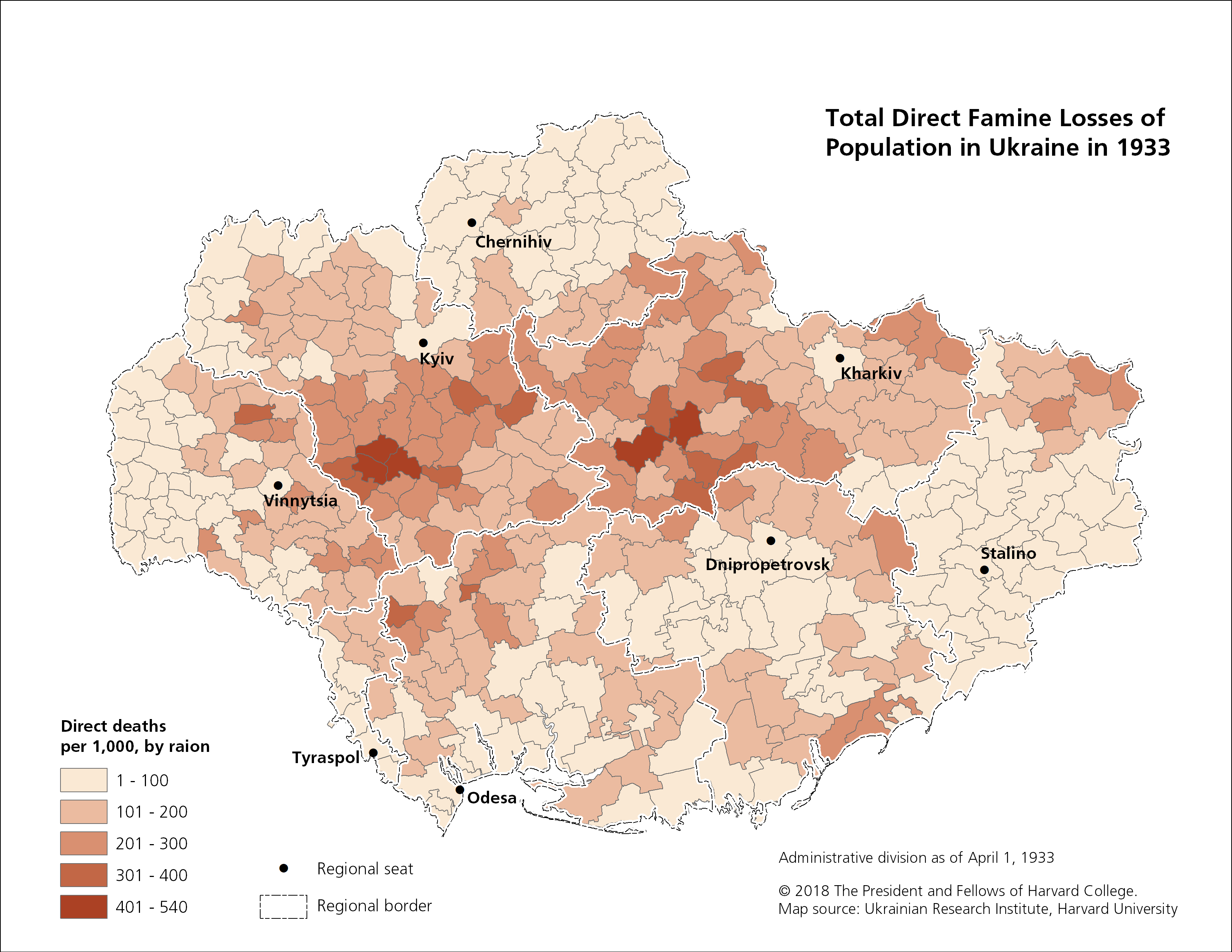 Map of Total Direct Famine Losses of Population per 1,000 by Raion in Ukraine for 1933