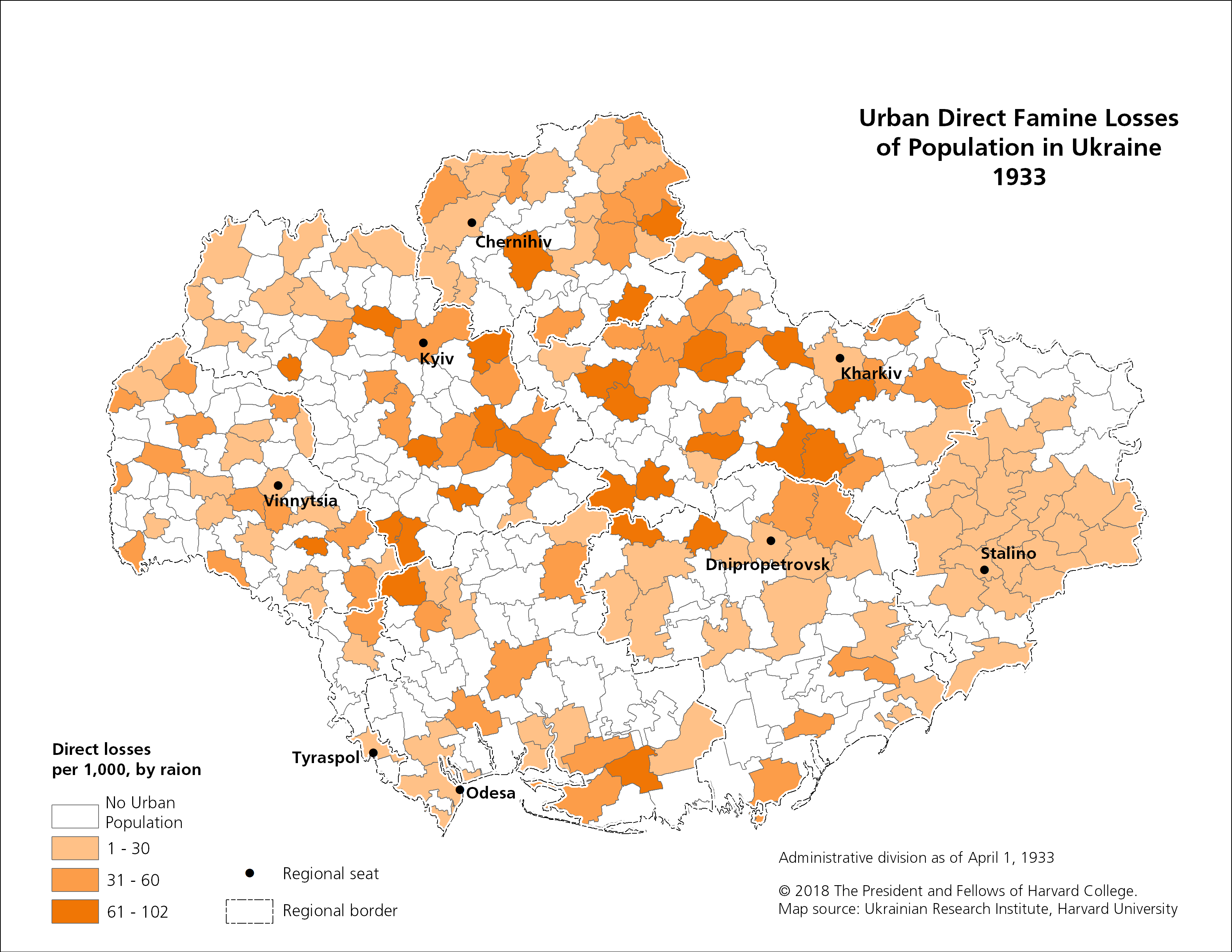 Map of Urban Direct Famine Losses of Population per 1,000 by Raion in Ukraine for 1933
