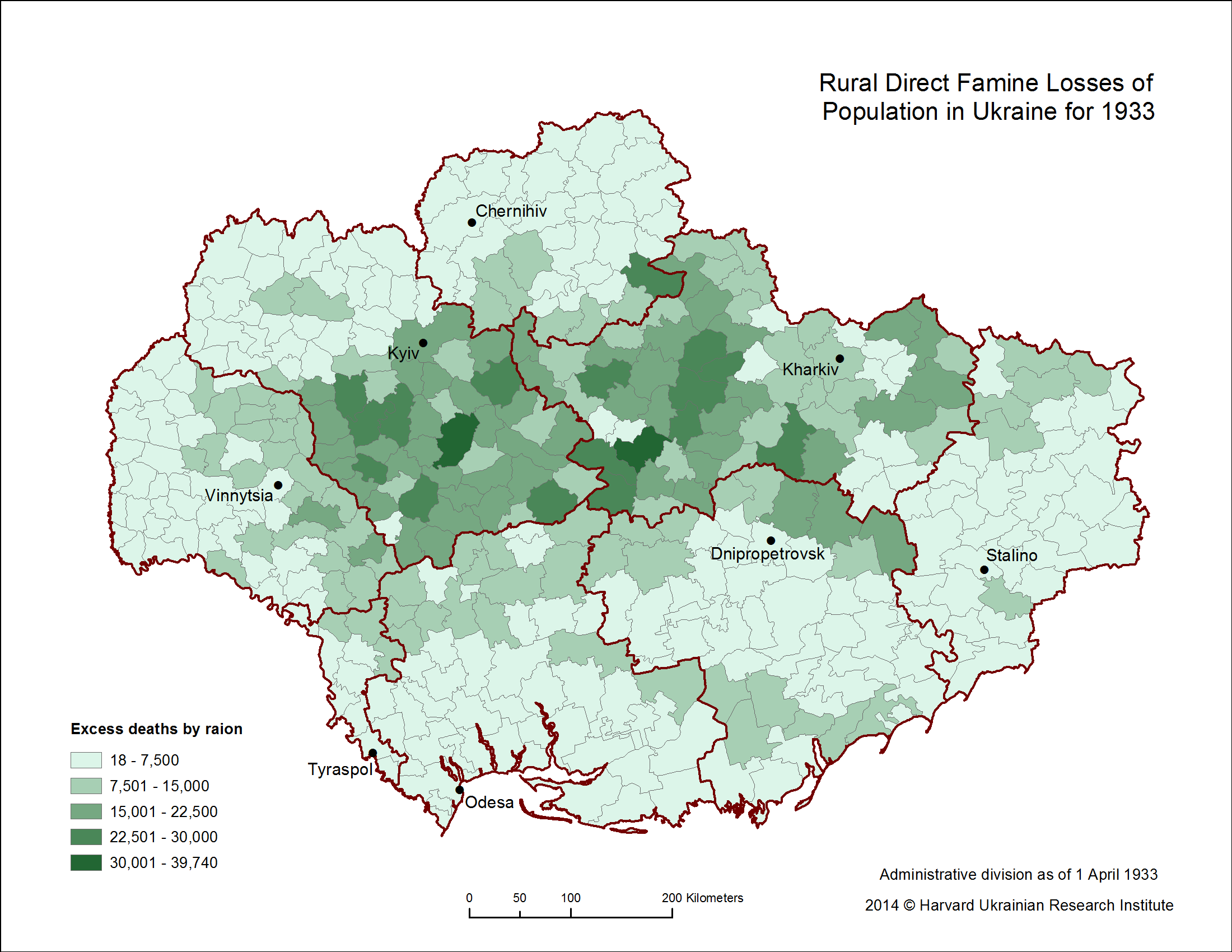 Map of Rural Direct Famine Losses of Population by Raion in Ukraine for 1933