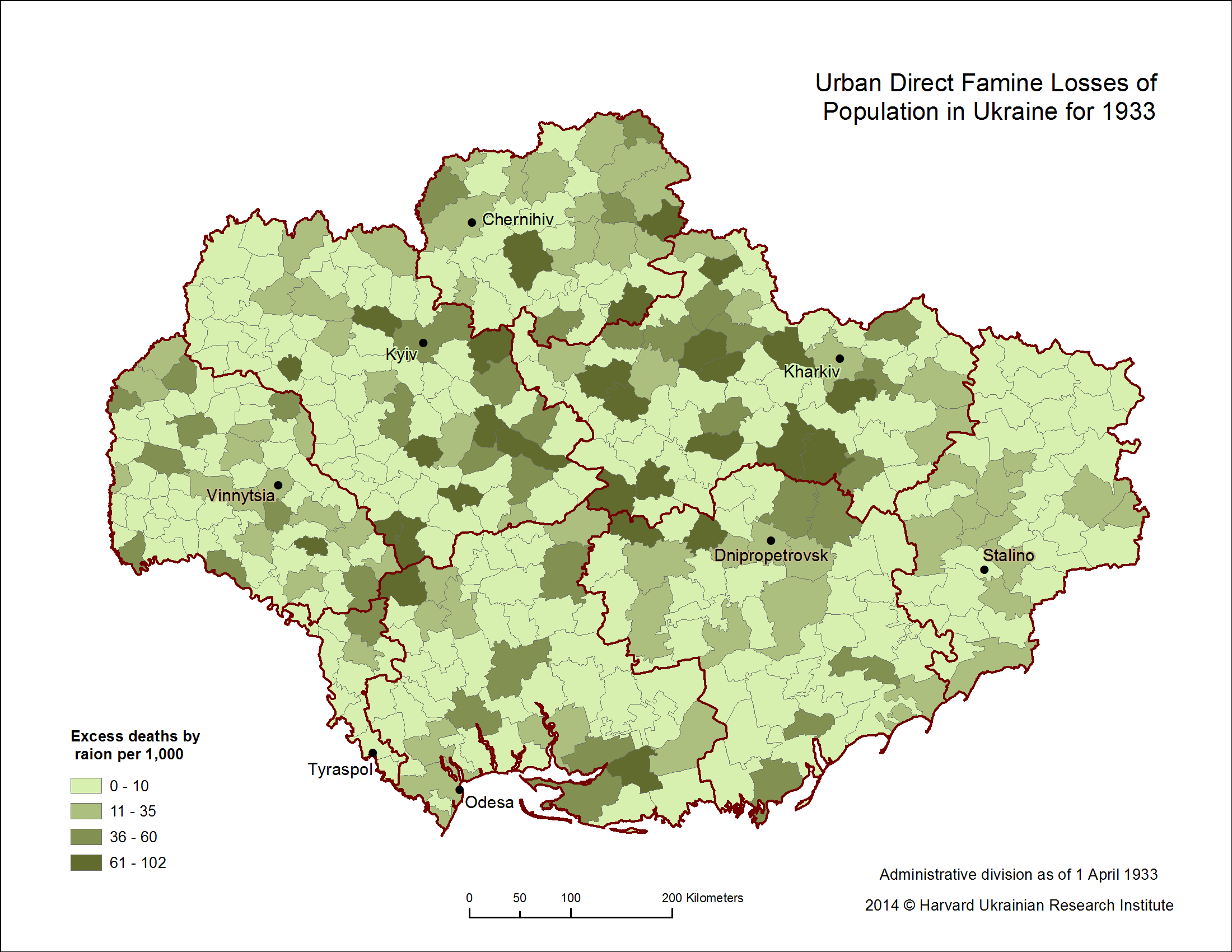 Map of Urban Direct Famine Losses of Population by Raion in Ukraine for 1933