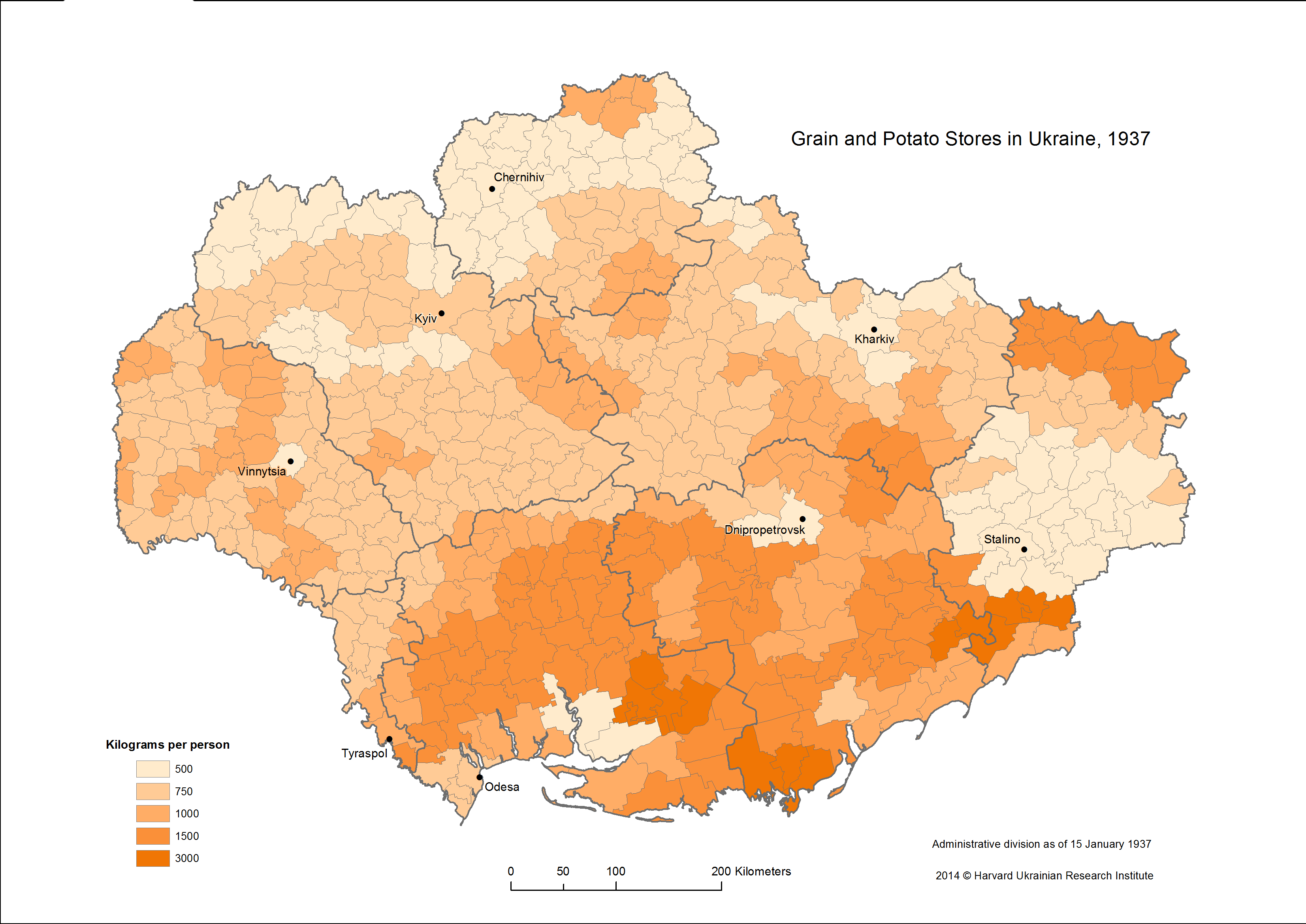 Map: Stores of Grain and Potatoes in Ukraine, 1937