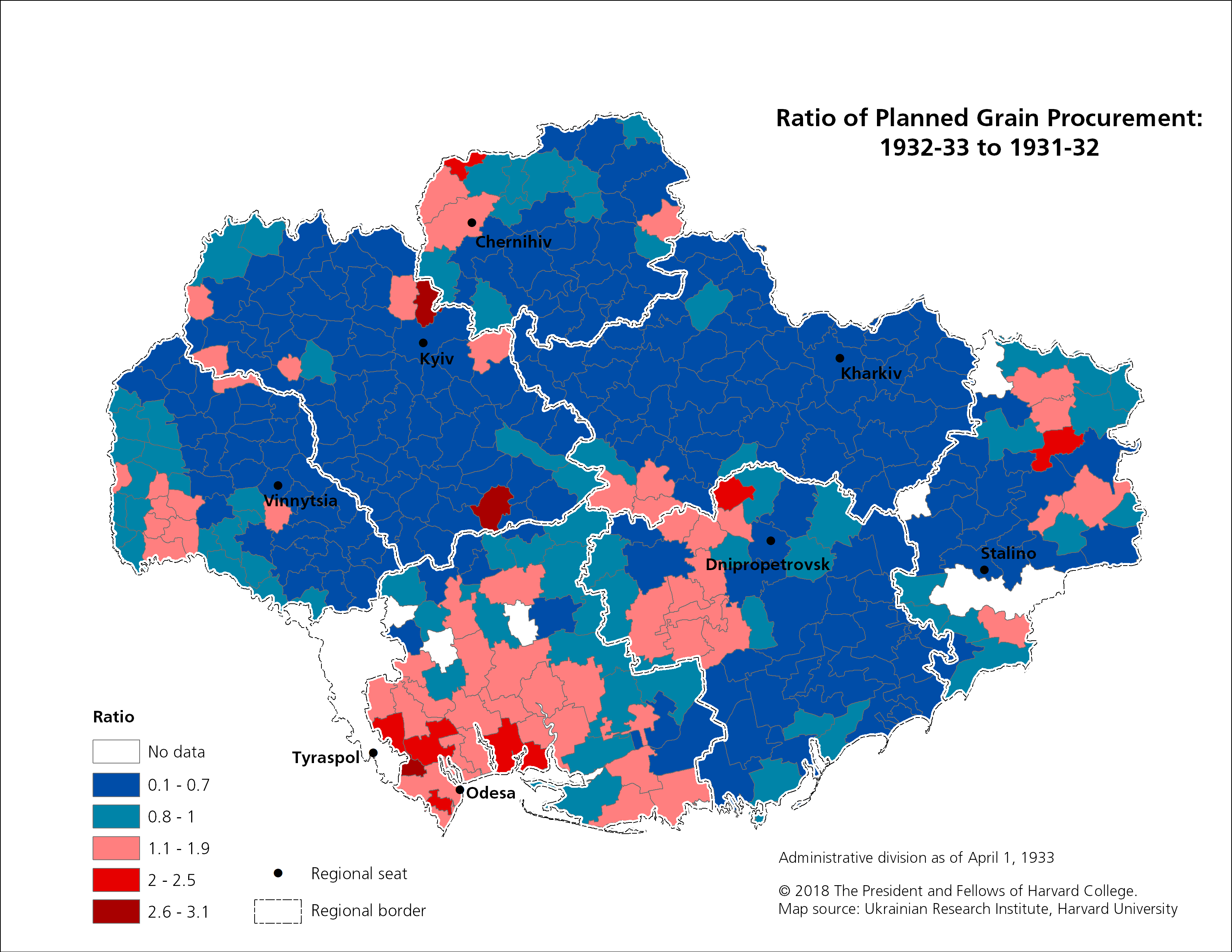 This map visualizes data on the ratio of planned grain procurement in Ukraine, 1932-33 to 1931-32.