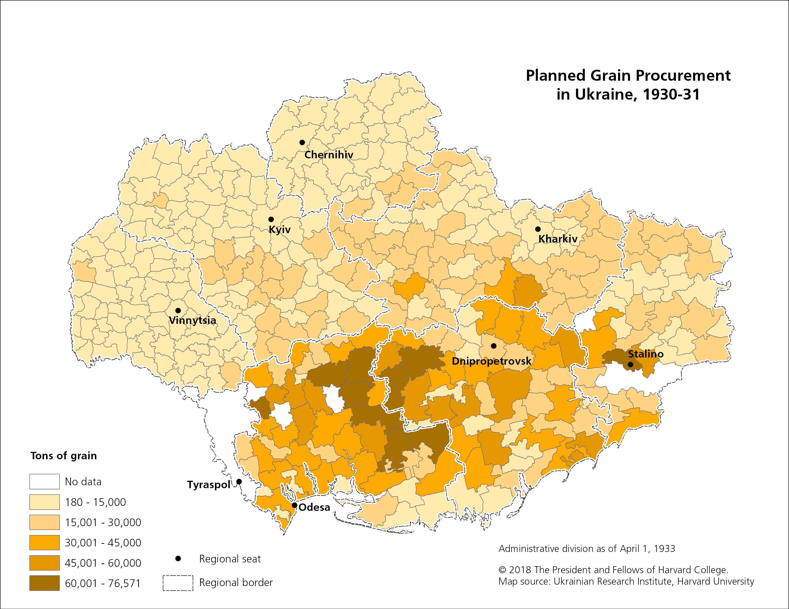 This map visualizes data on the planned grain procurement in Ukraine, 1930-31.