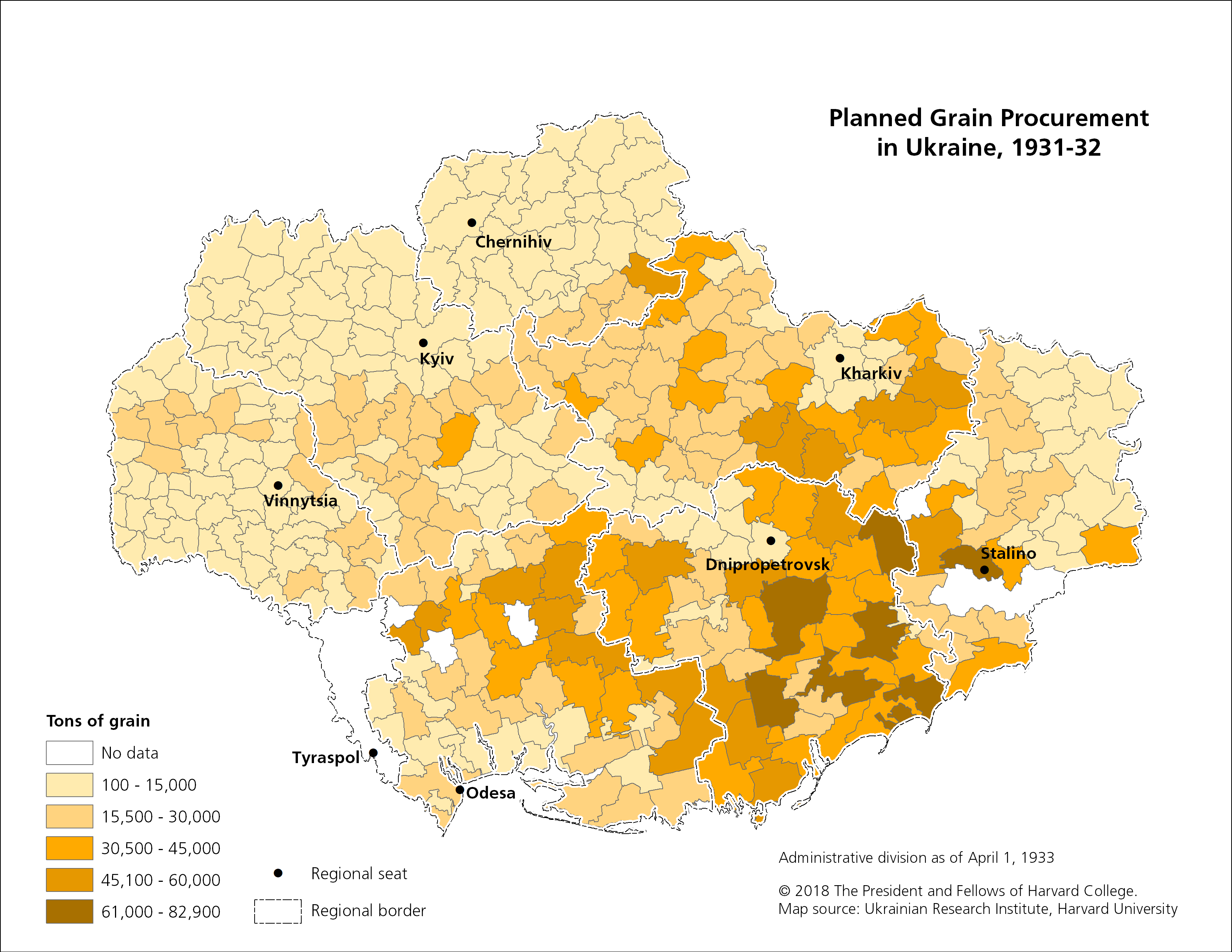This map visualizes data on the planned grain procurement in Ukraine, 1931-32.
