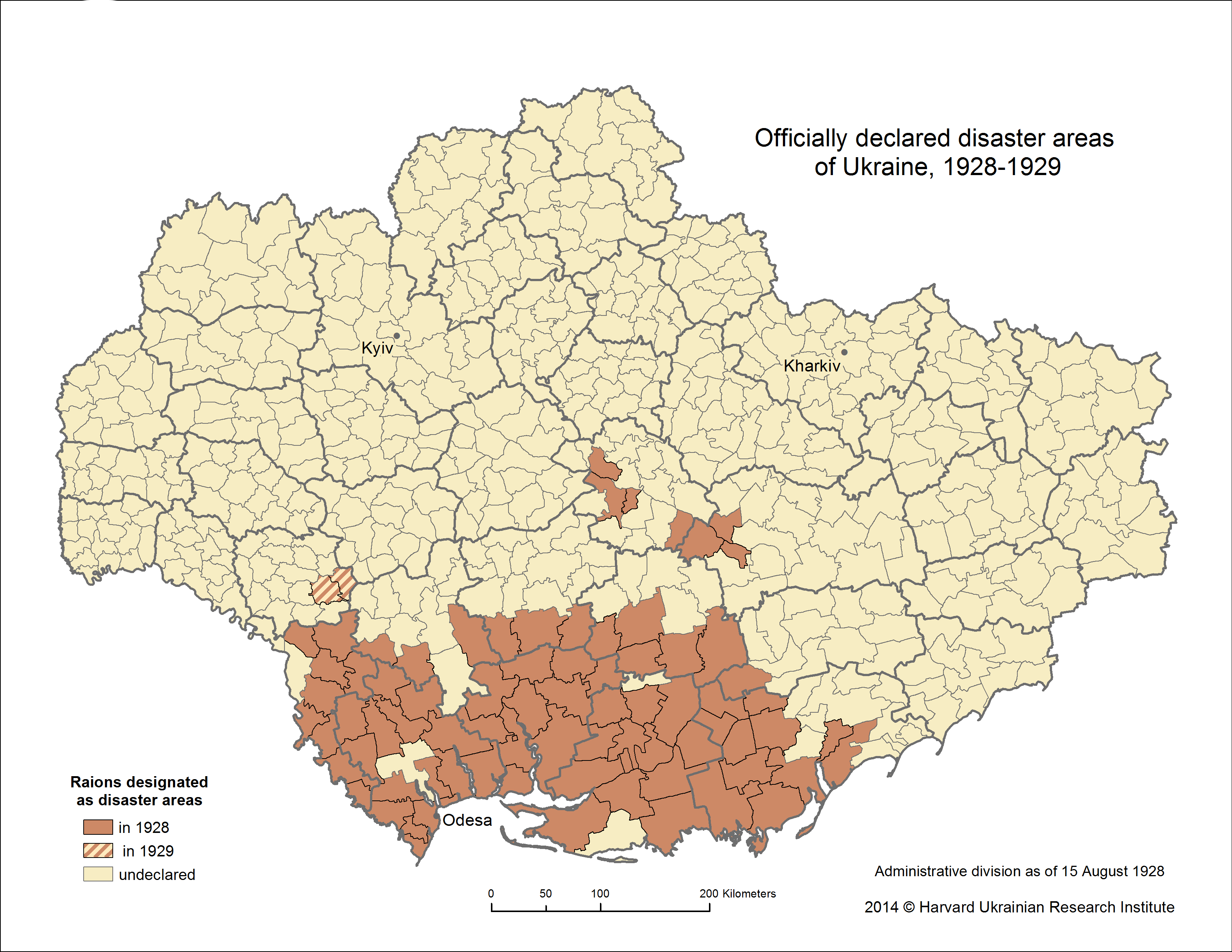 This map displays data on officially designated disaster areas in Ukraine in 1928 and 1929