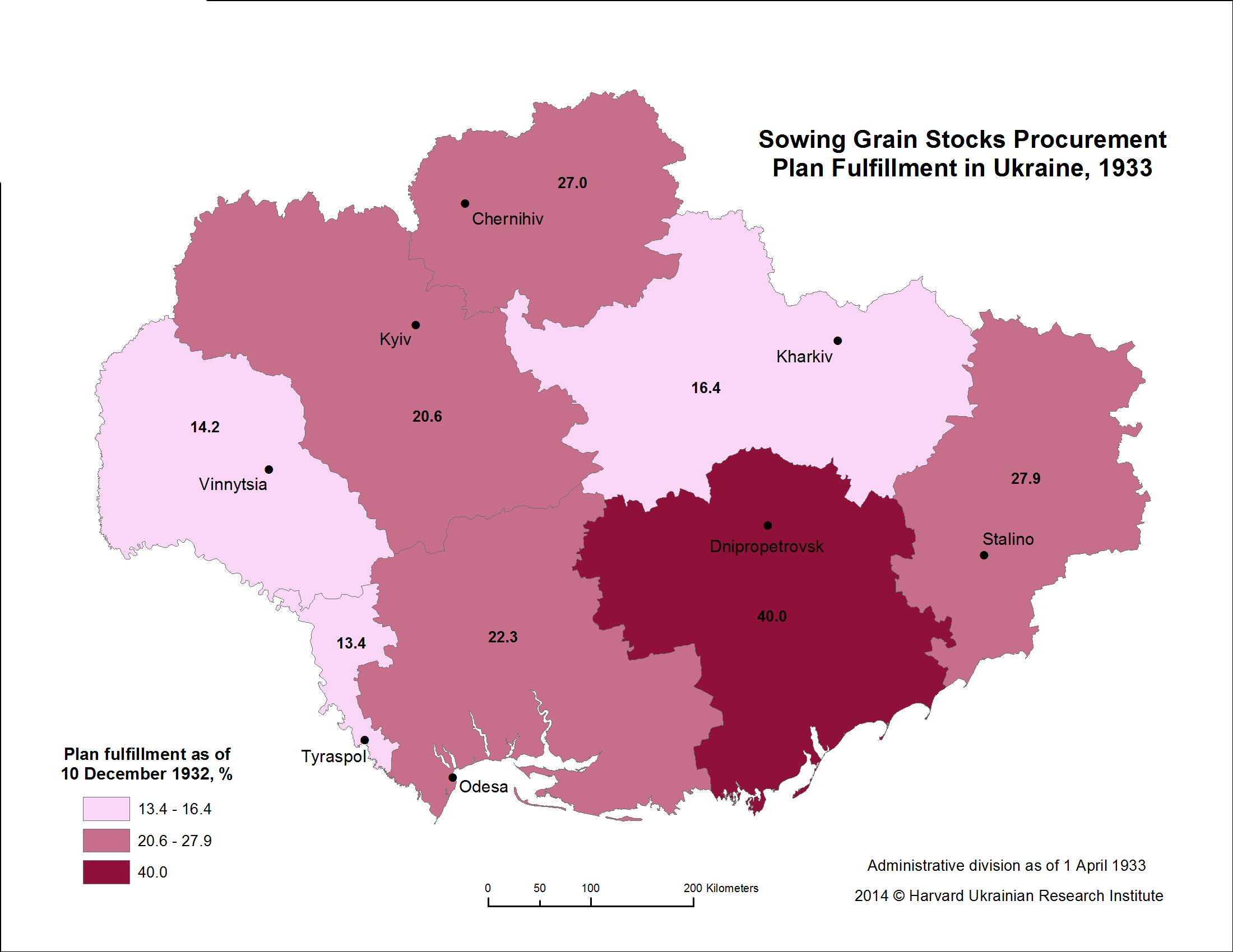This map visualizes data on plan fulfillment for procurement of sowing grain stocks, as of December 10, 1933.