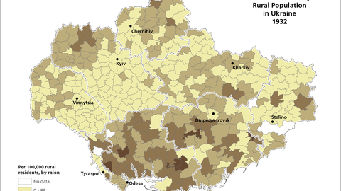 This map visualizes data on the collective farms by rural population in Ukraine in 1932.