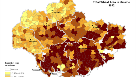 This map visualizes data on the collective farms' share of total wheat area in Ukraine in 1932
