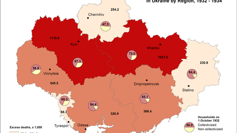This map visualizes a combination of data on numbers of excess deaths from famine in Ukraine and the Moldavian Autonomous Socialist Soviet Republic (Moldavia) in the period 1932-1934 and levels of collectivization in 1932.