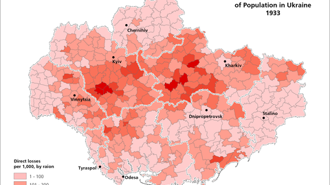 Map of Rural Direct Famine Losses of Population per 1,000 by Raion in Ukraine for 1933