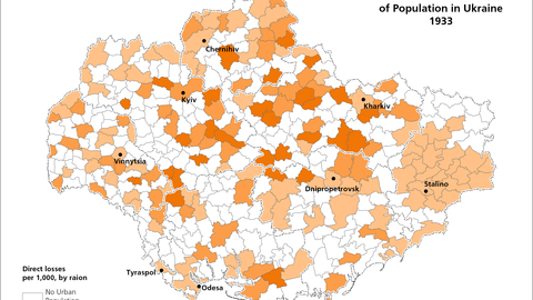 Map of Urban Direct Famine Losses of Population per 1,000 by Raion in Ukraine for 1933