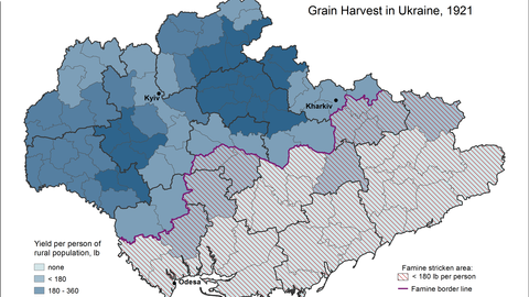 This map visualizes data on the grain harvest in Ukraine in 1921