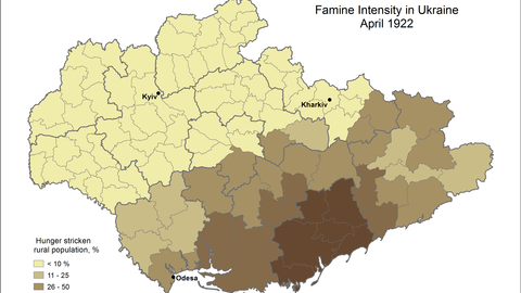 This map visualizes data on the percentage of local populations affected by famine in April 1922.