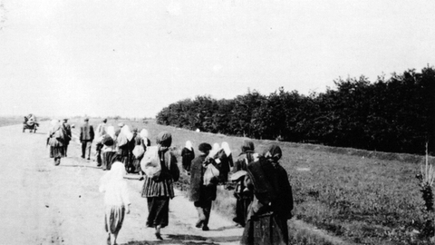 Hungry peasants leave the village in search of food in the city