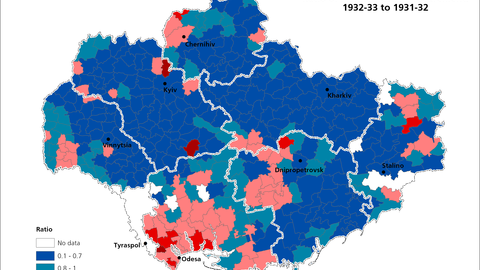 This map visualizes data on the ratio of planned grain procurement in Ukraine, 1932-33 to 1931-32.