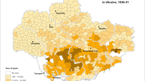 This map visualizes data on the planned grain procurement in Ukraine, 1930-31.