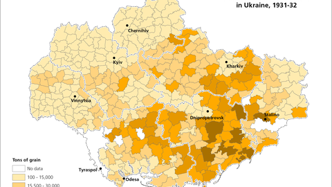 This map visualizes data on the planned grain procurement in Ukraine, 1931-32.