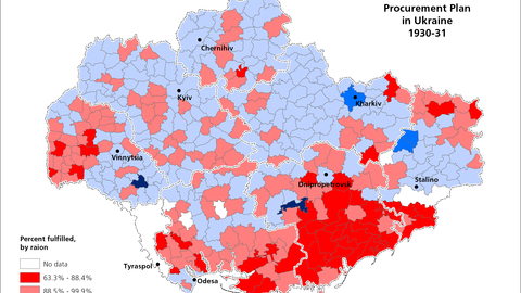 This map visualizes data on the fulfillment of grain procurement in Ukraine, 1930-31.