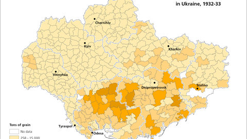 This map visualizes data on the planned grain procurement in Ukraine, 1932-33.