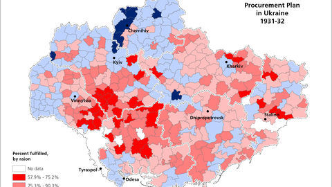 This map visualizes data on the fulfillment of grain procurement in Ukraine, 1931-32.