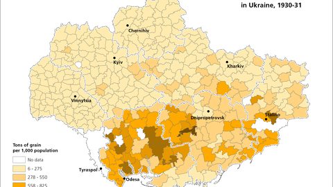 This map visualizes data on the actual grain procurement in Ukraine, 1930-31.