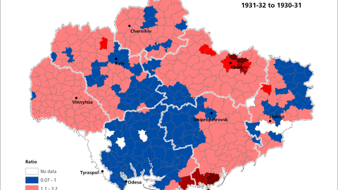 This map visualizes data on the ratio of planned grain procurement in Ukraine, 1931-32 to 1930-31.
