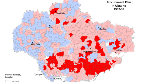 This map visualizes data on the fulfillment of grain procurement in Ukraine, 1932-33.