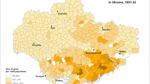 This map visualizes data on the actual grain procurement in Ukraine, 1931-32.
