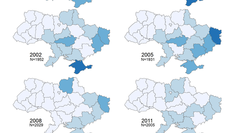 Map: Percent of Respondents Supporting Unification of Ukraine with Russia (1995, 1998, 2002, 2005, 2008, 2011, 2013)