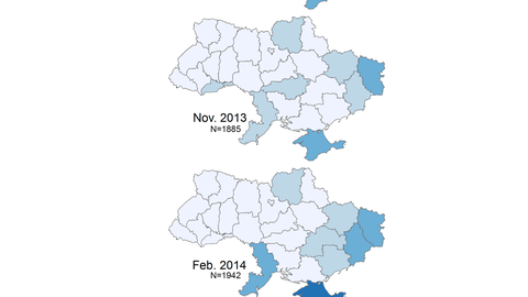 Map: Percent of Respondents Supporting Unification of Ukraine with Russia (2013, 2014)