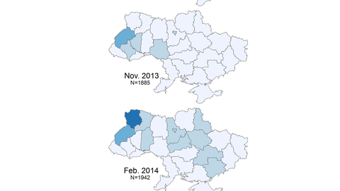 Map: Percent of Respondents Supporting Closed Borders, Visas, and Customs Between Ukraine and Russia (2013, 2014)