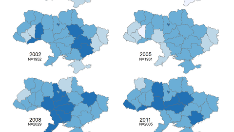 Percent of Respondents Supporting Open Borders without Visas and Customs Between Ukraine and Russia (1995, 1998, 2002, 2005, 2008, 2011, 2013)