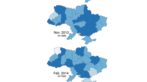 Map: Percent of Respondents Supporting Open Borders without Visas and Customs Between Ukraine and Russia (20013, 2014)