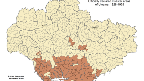 This map displays data on officially designated disaster areas in Ukraine in 1928 and 1929