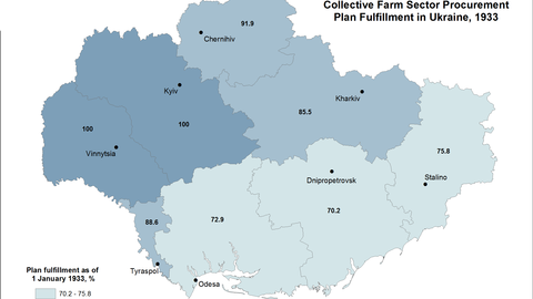This map visualizes data on procurement plan fulfillment in the collective farm sector in Ukraine, as of January 1, 1933.