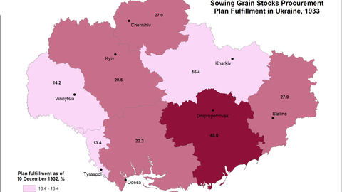 This map visualizes data on plan fulfillment for procurement of sowing grain stocks, as of December 10, 1933.