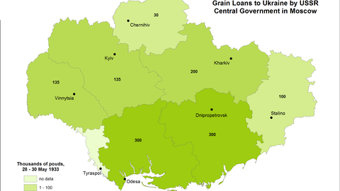 This map visualizes data on grain loans (in thousands of pouds) decreed, between May 28 and May 30, 1933, by the government of the Soviet Union to be distributed to Ukraine's seven oblasts.
